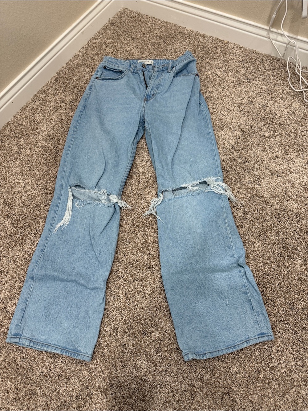 Abercrombie & Fitch Light Blue High-Rise Distressed Wide-Leg Jeans
